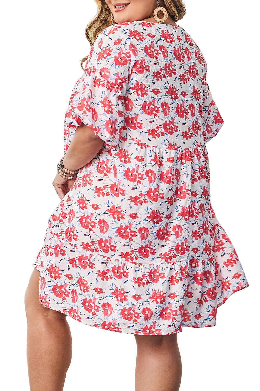 Red Floral Ruffled Half Sleeve V Neck Plus Size Dress