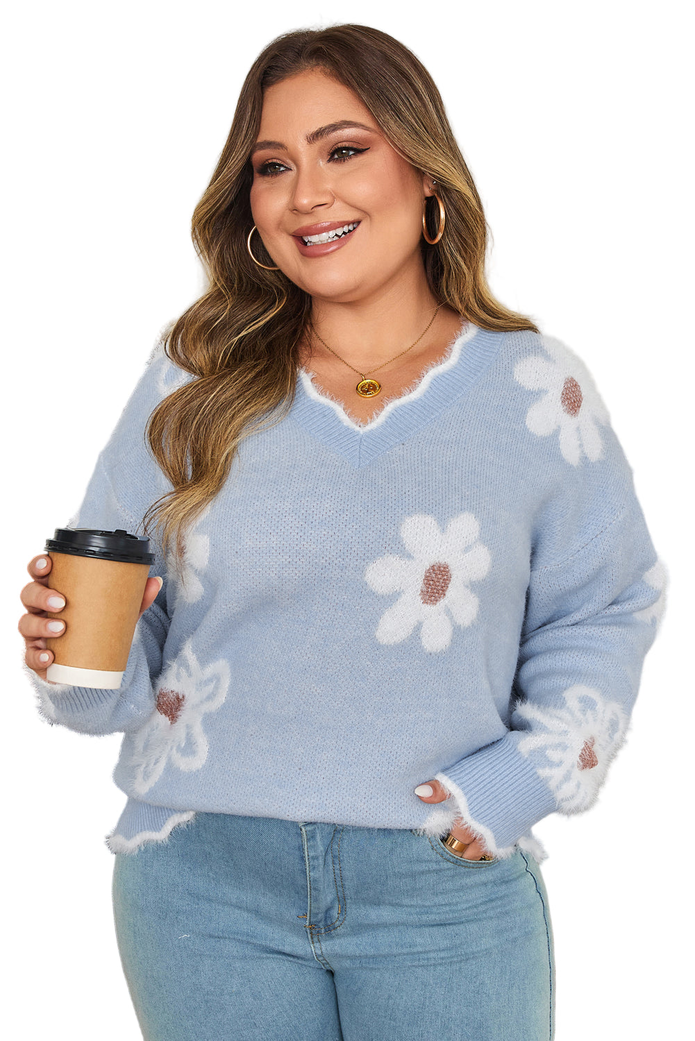 Gray Fuzzy Flower Scalloped V Neck Plus Sweater