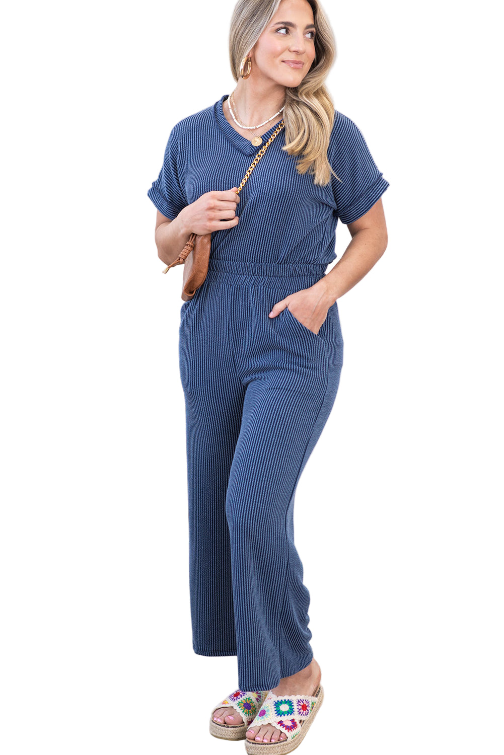 Sail Blue Ribbed V Neck Tee and Pants Plus Size Set
