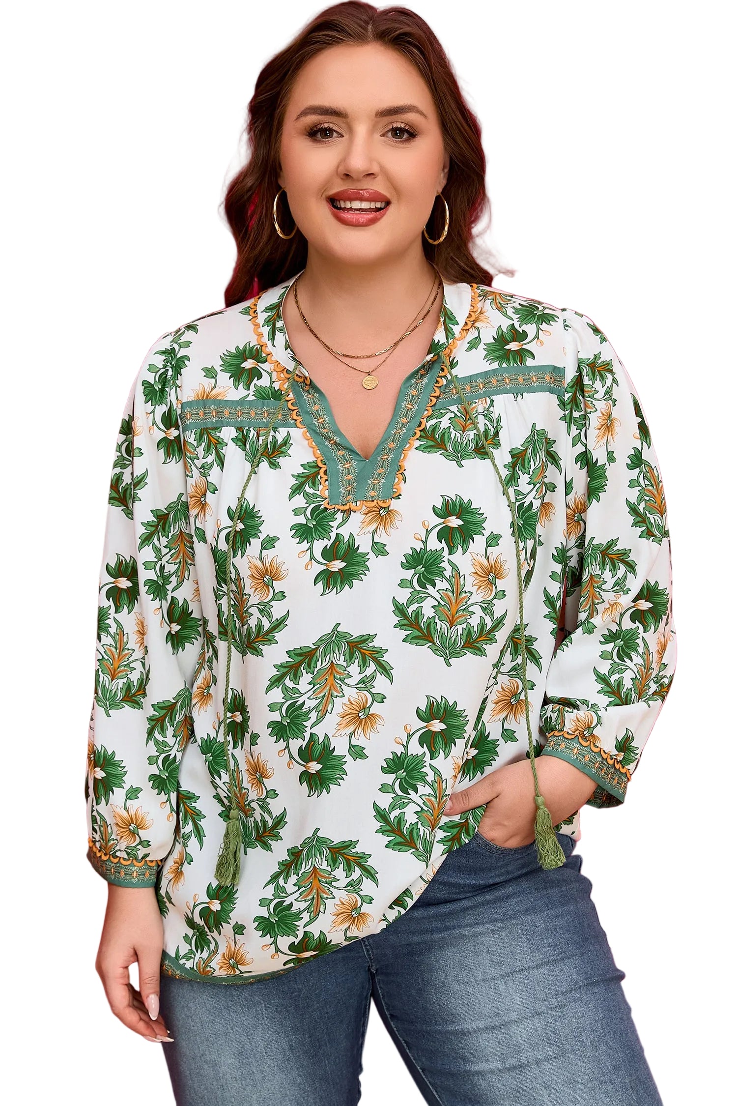 Green Plus Size Floral Printed Contrast Patchwork Detail Tassel Tie 3/4 Sleeve Blouse