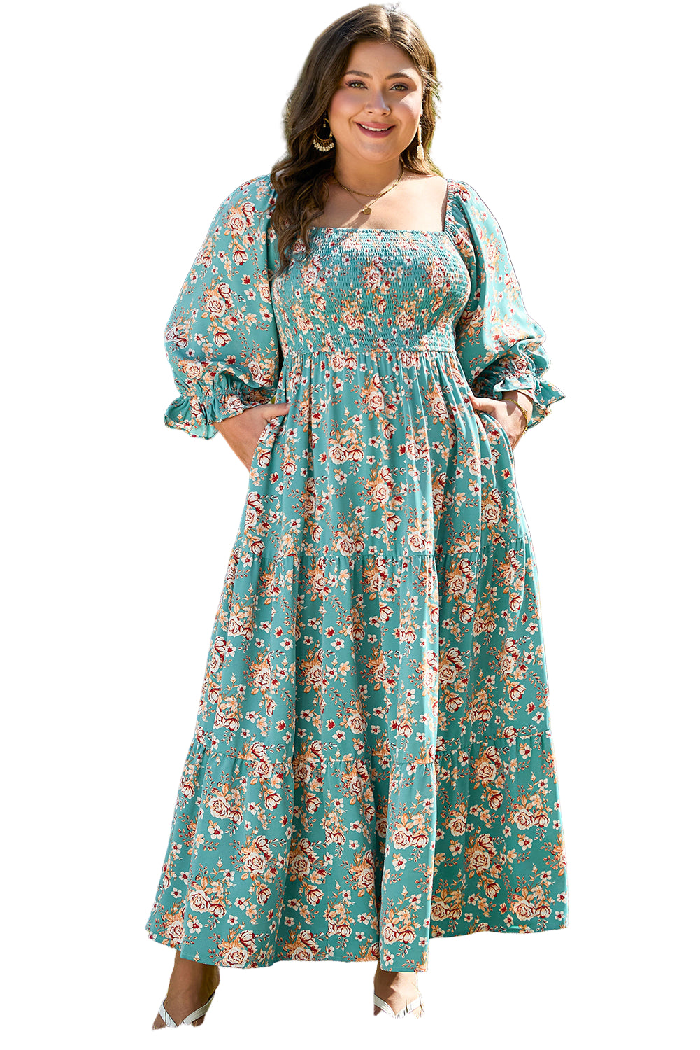 Green Plus Size Floral Print Square Neck Smocked Maxi Dress