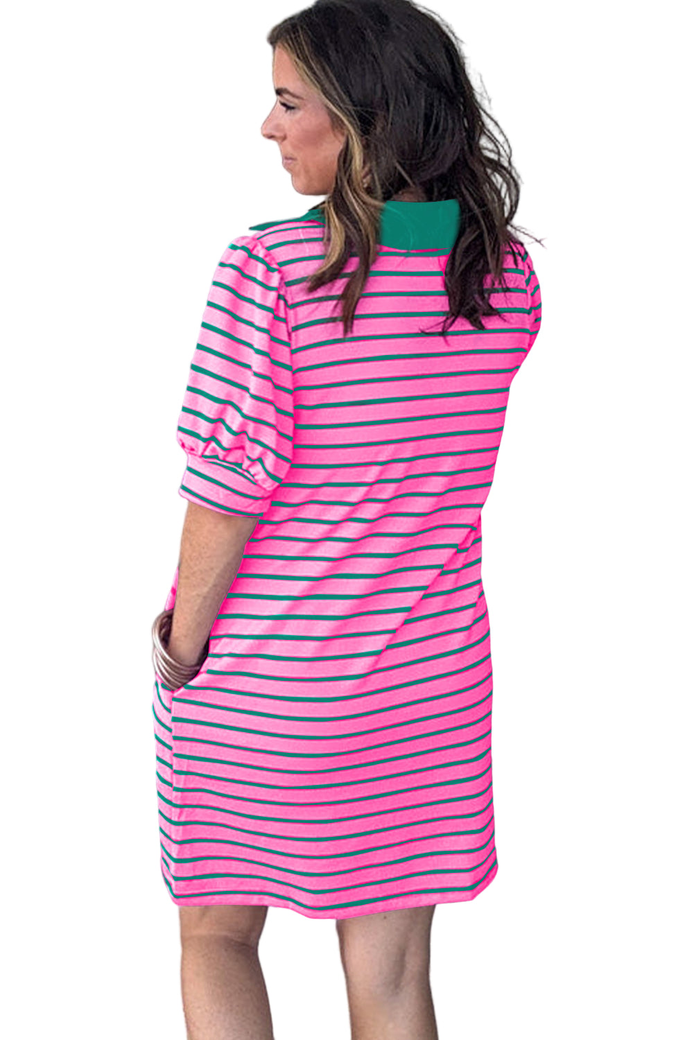 Rose Stripe Collared V Neck Puff Sleeve Shift T Shirt Dress with Pockets