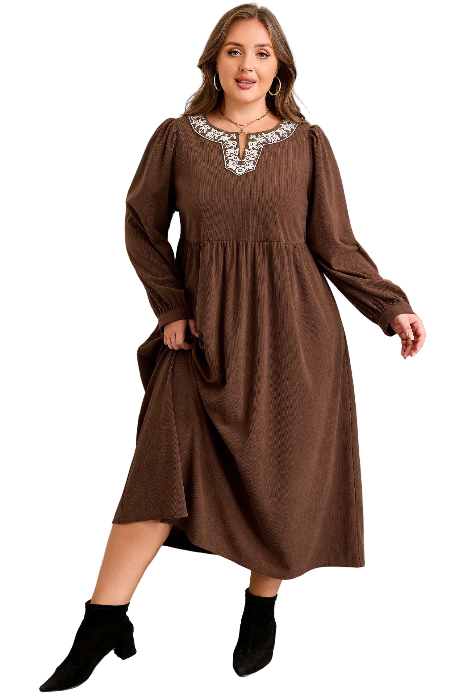 Coffee Embroidered Notched Neckline Textured Pleated High Waist Plus Size Midi Dress