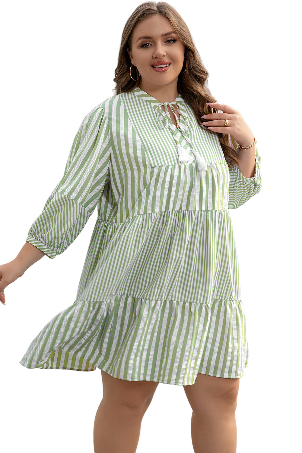 Green Stripe Bracelet Sleeve Tasseled Tied Neck Tiered Plus Size Mini Dress