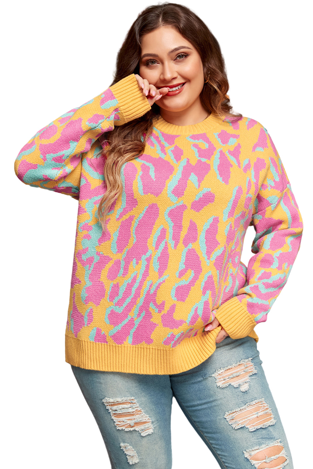 Bright Pink Plus Size Leopard Ribbed Trim Sweater