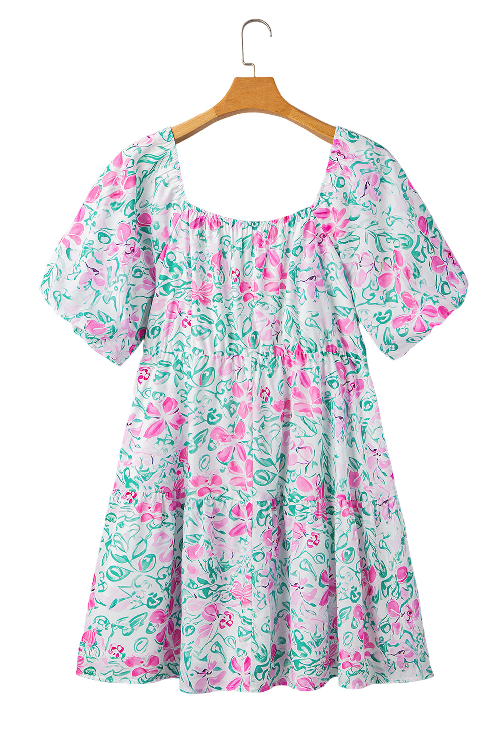 White Floral Print Ric-rac Trim Square Neck Plus Size Mini Dress