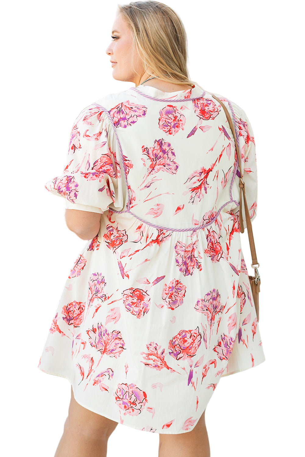 White Floral Print Lace up V Neck Balloon Sleeve Plus Size Shift Mini Dress