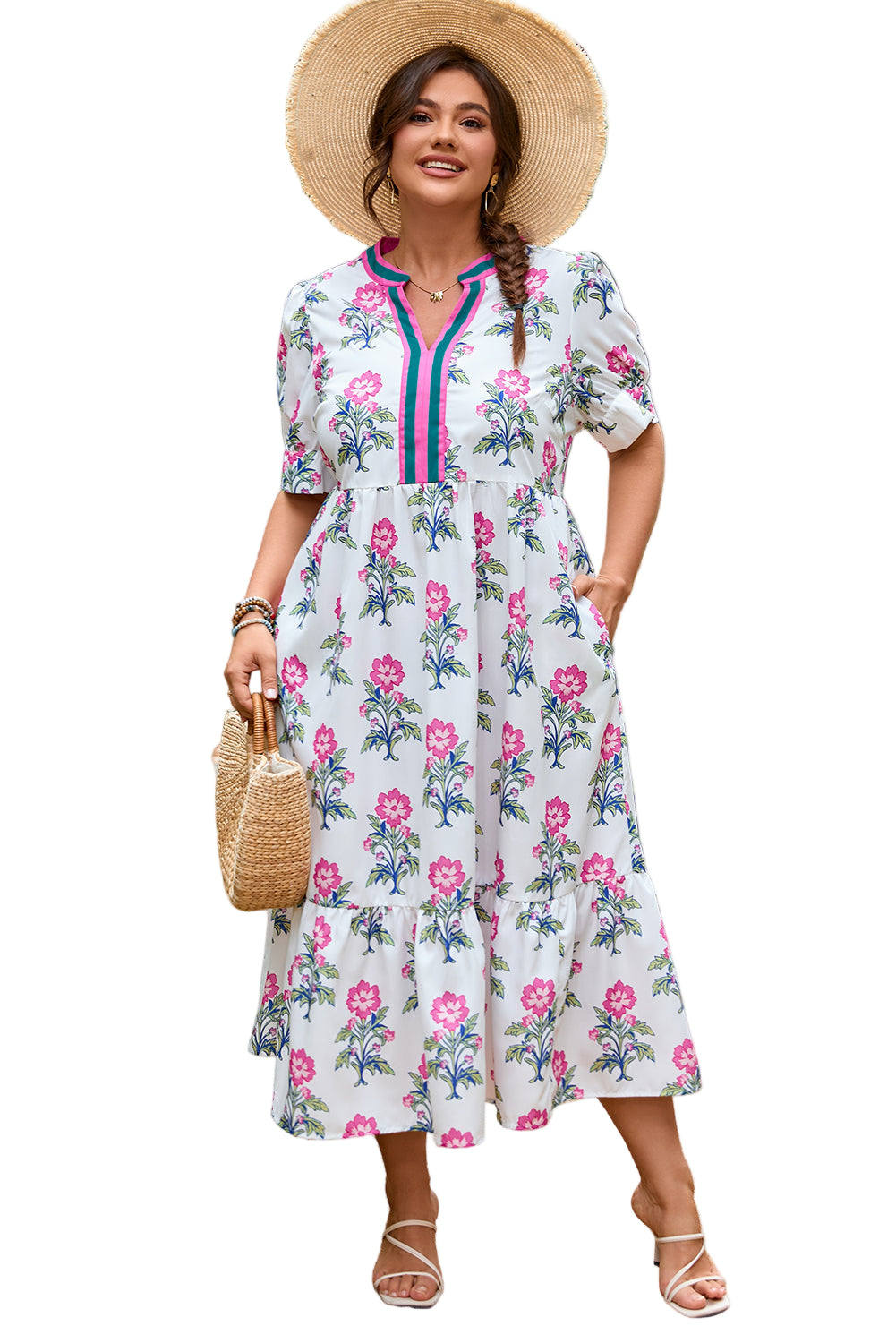 White Allover Print Contrast Split Neckline Short Puff Sleeve Curvy Dress