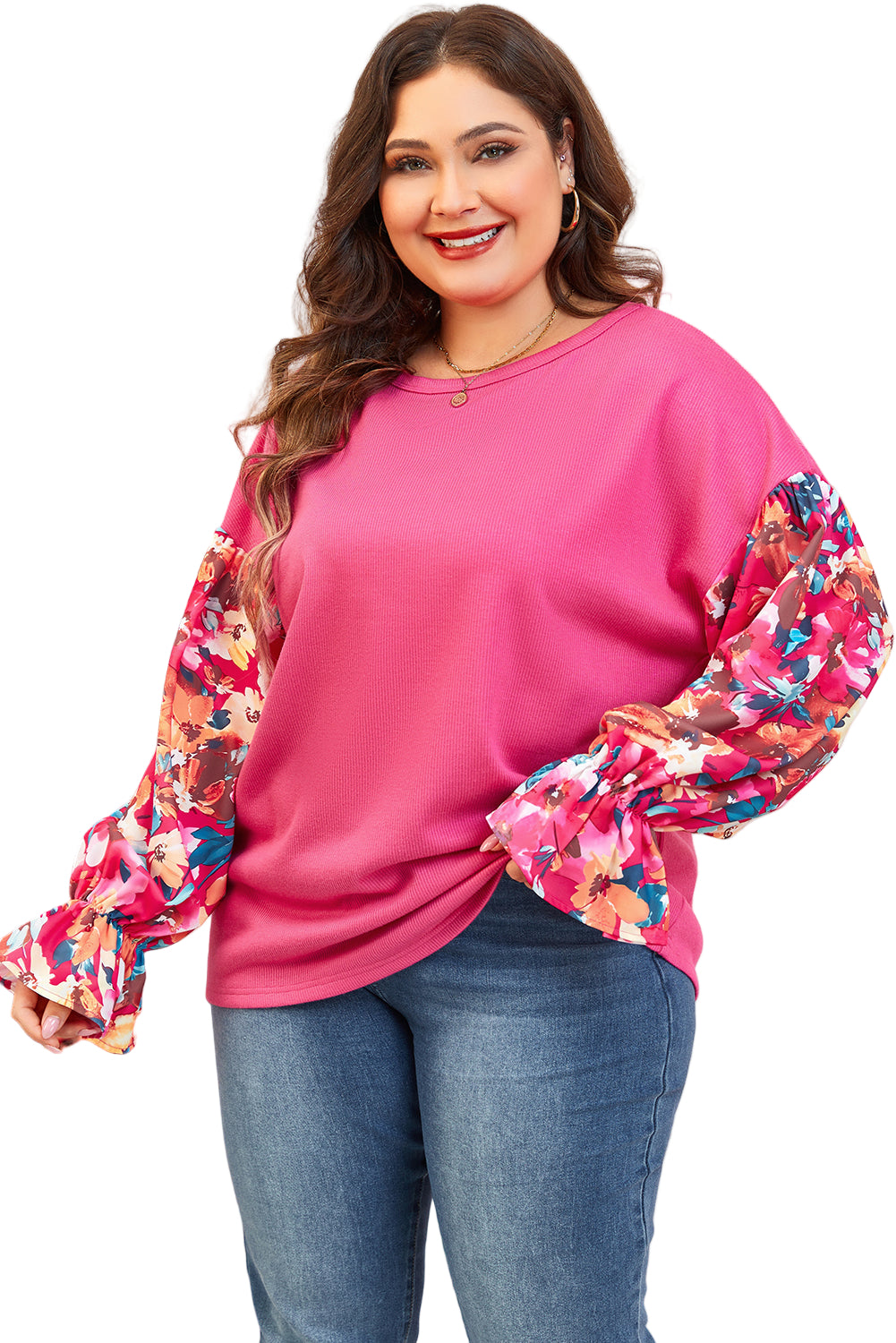 Bright Pink Floral Patchwork Flounce Sleeve Plus Knit Top