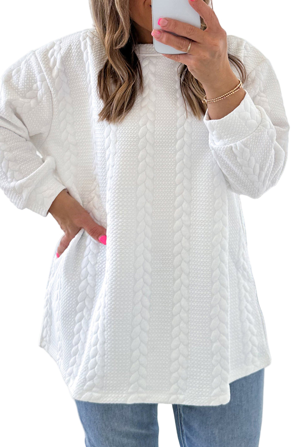 White Textured Loose Plus Size Long Sleeve Top