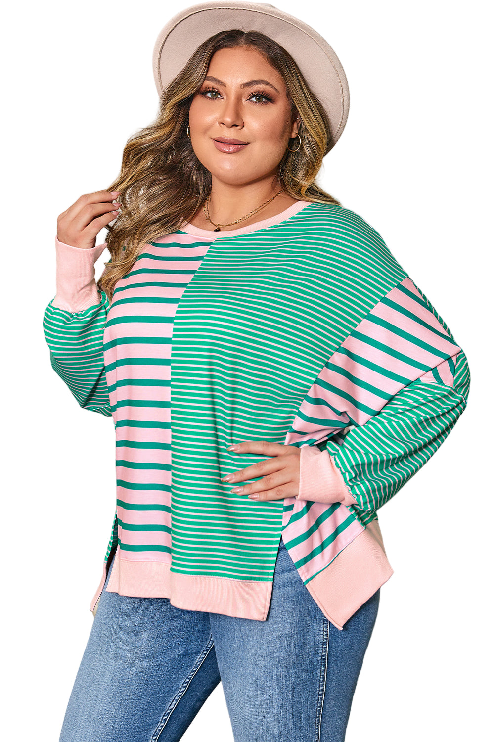 Green Stripe Color Block Exposed Seam Side Slit Plus Size Sweatshirt