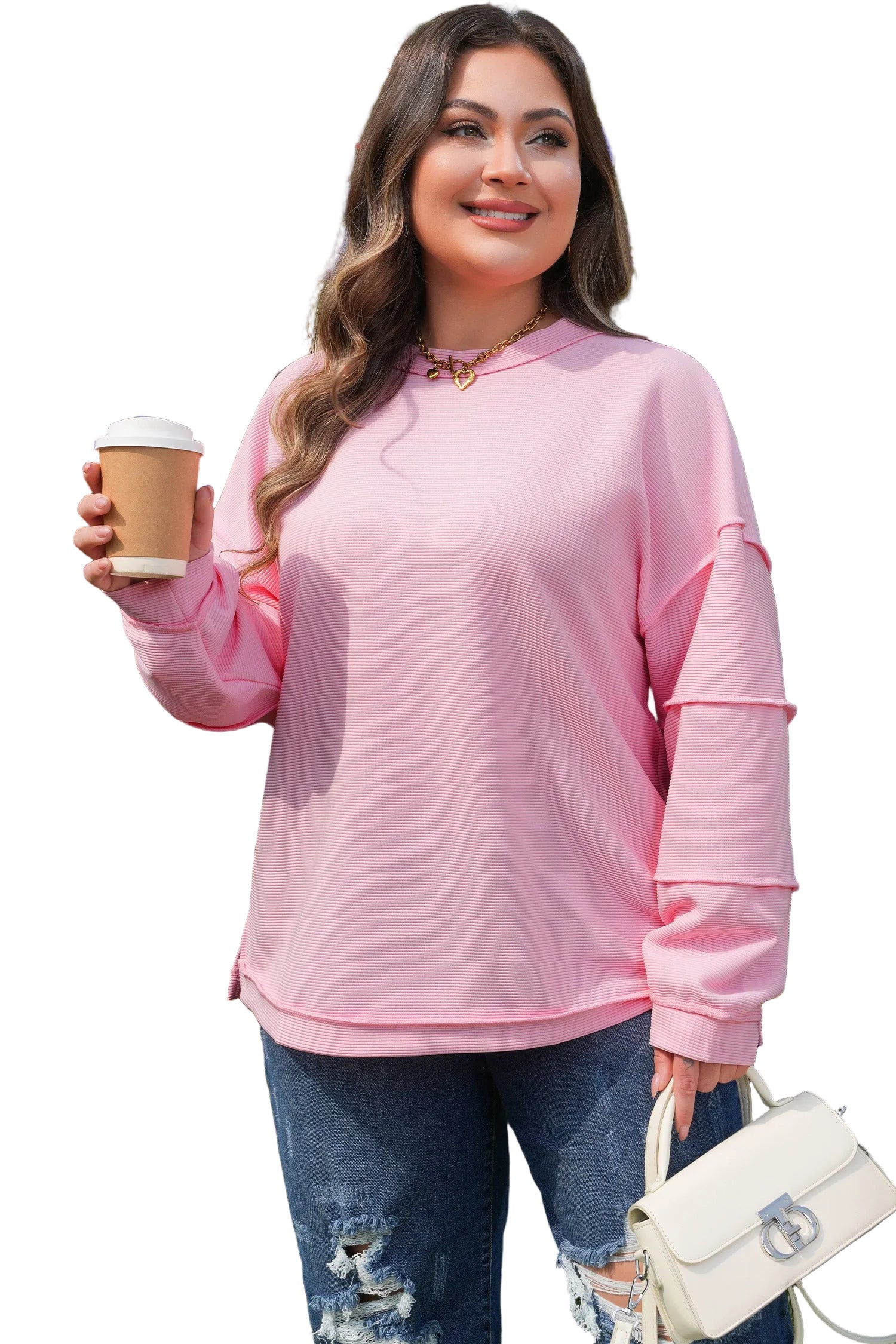 Pink Drop Shoulder Long Sleeve Plus Size Ribbed Top