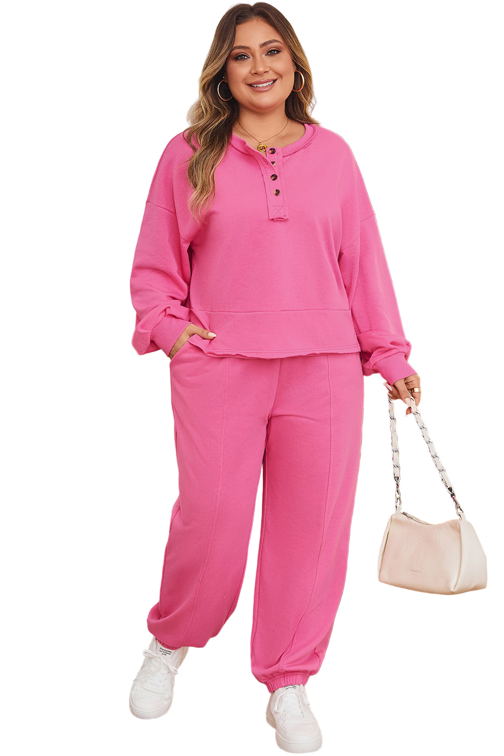 Bright Pink Plus Size Henley Drop Shoulder Pullover and Jogger Pants Two Piece Set