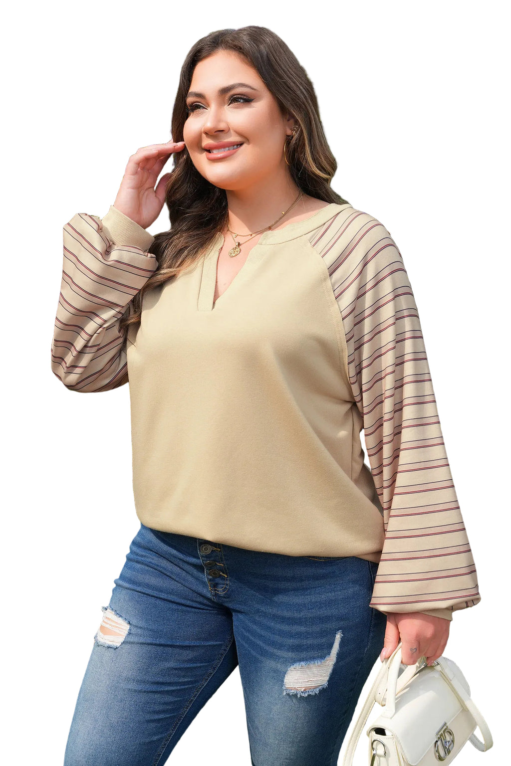 Parchment Striped Raglan Sleeve Notched Neck Raw Edge Plus Size Jumper