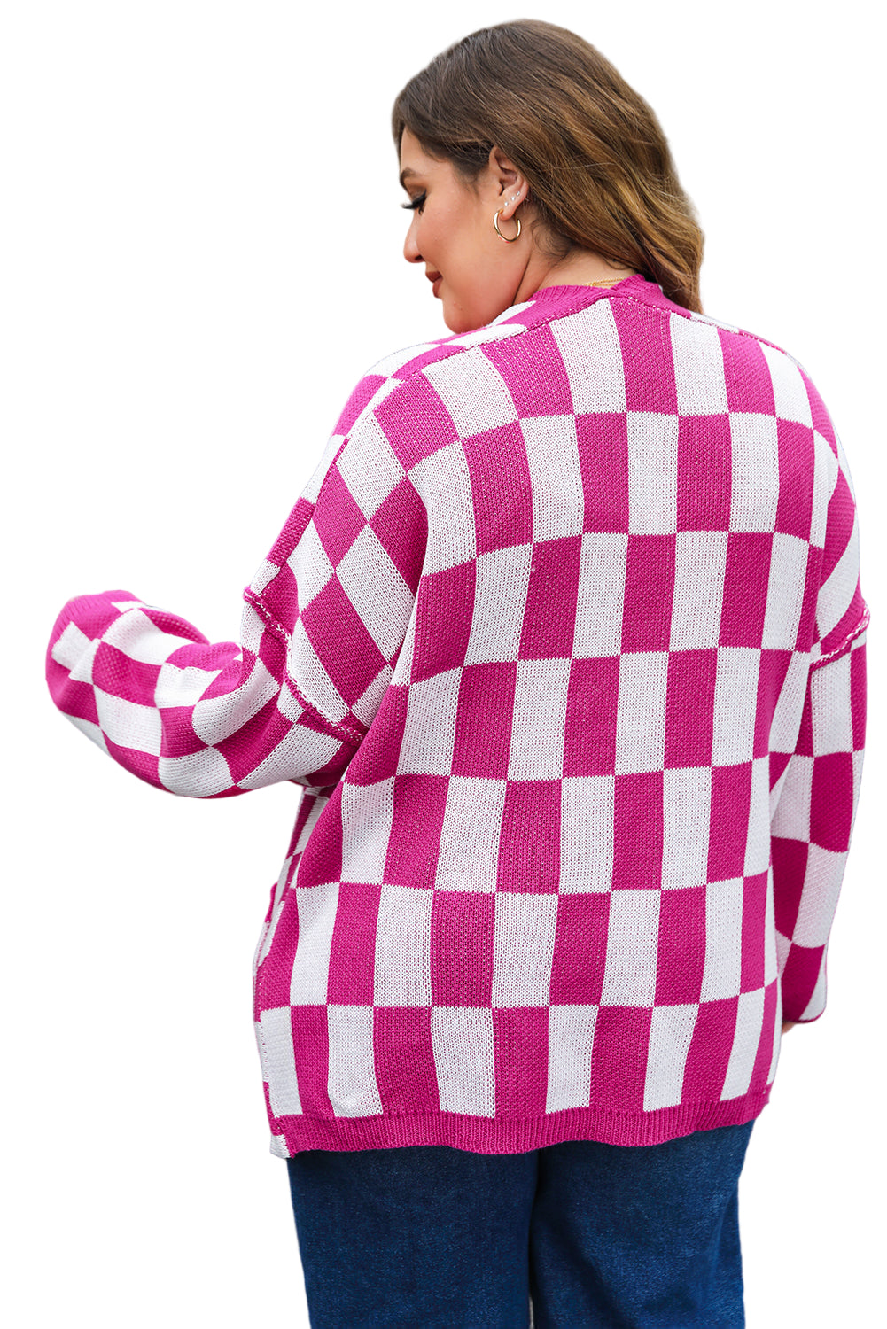 Bonbon Checkered Pattern Open Front Plus Size Cardigan