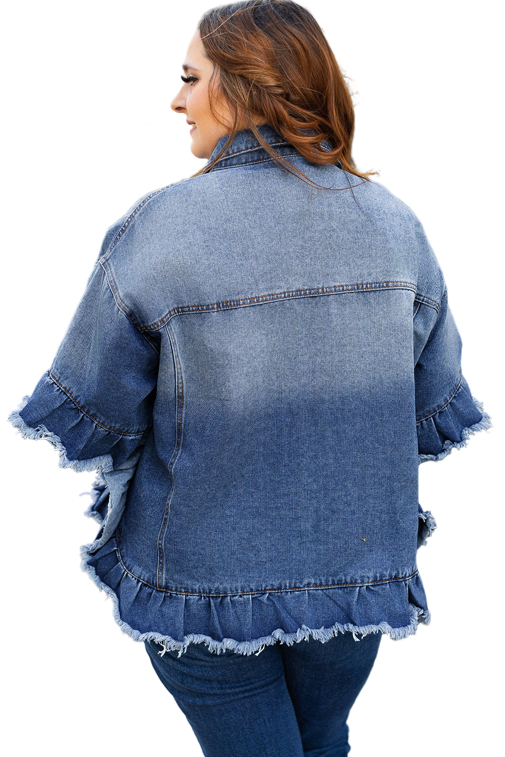 Peacock Blue Ruffled Frayed Short Sleeve Plus Size Denim Jacket