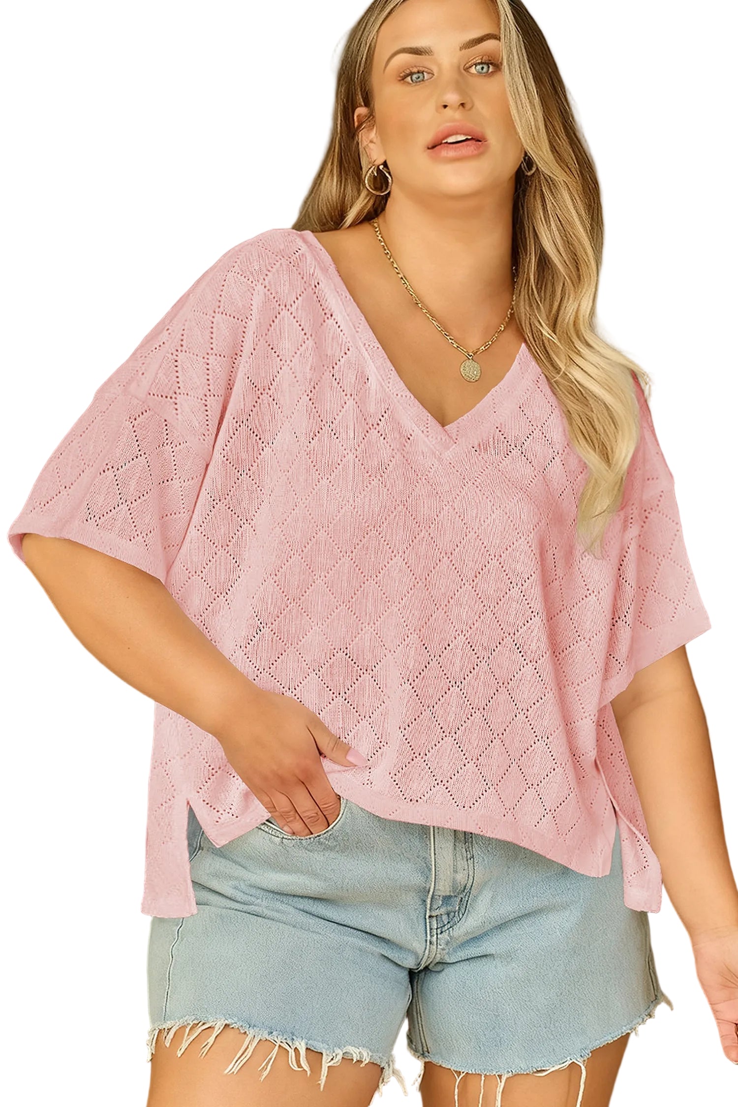 Light Pink Pointelle Rhombus Knit Plus Size V Neck Loose Top