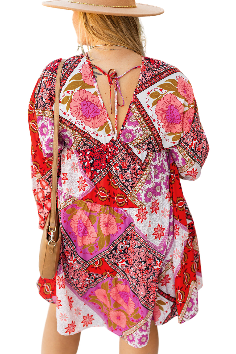 Rose Mixed Floral Long Sleeve V Neck Lace-up Hollowed Back Plus Size Dress