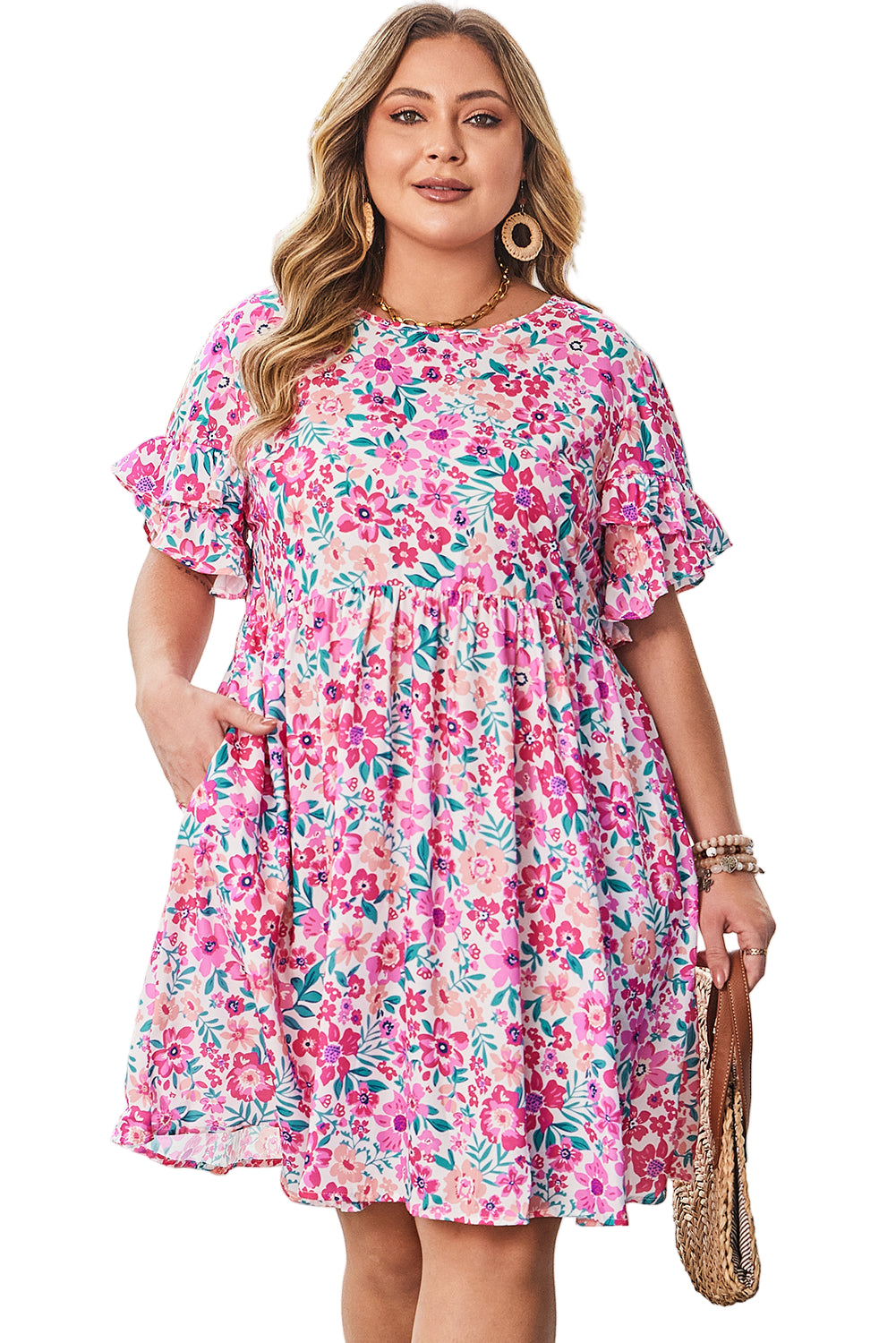 White Plus Size Floral Print Frilled Short Sleeve Flare Dress