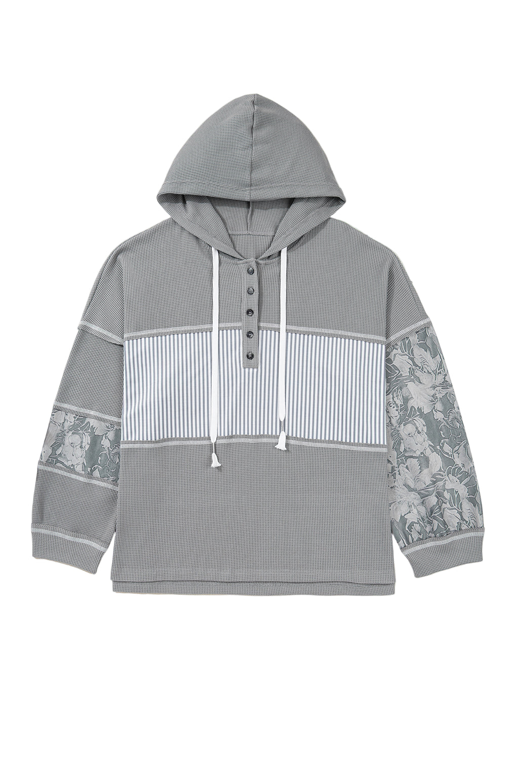 Gray Mixed Waffle Knit Patchwork Henley Plus Size Hoodie