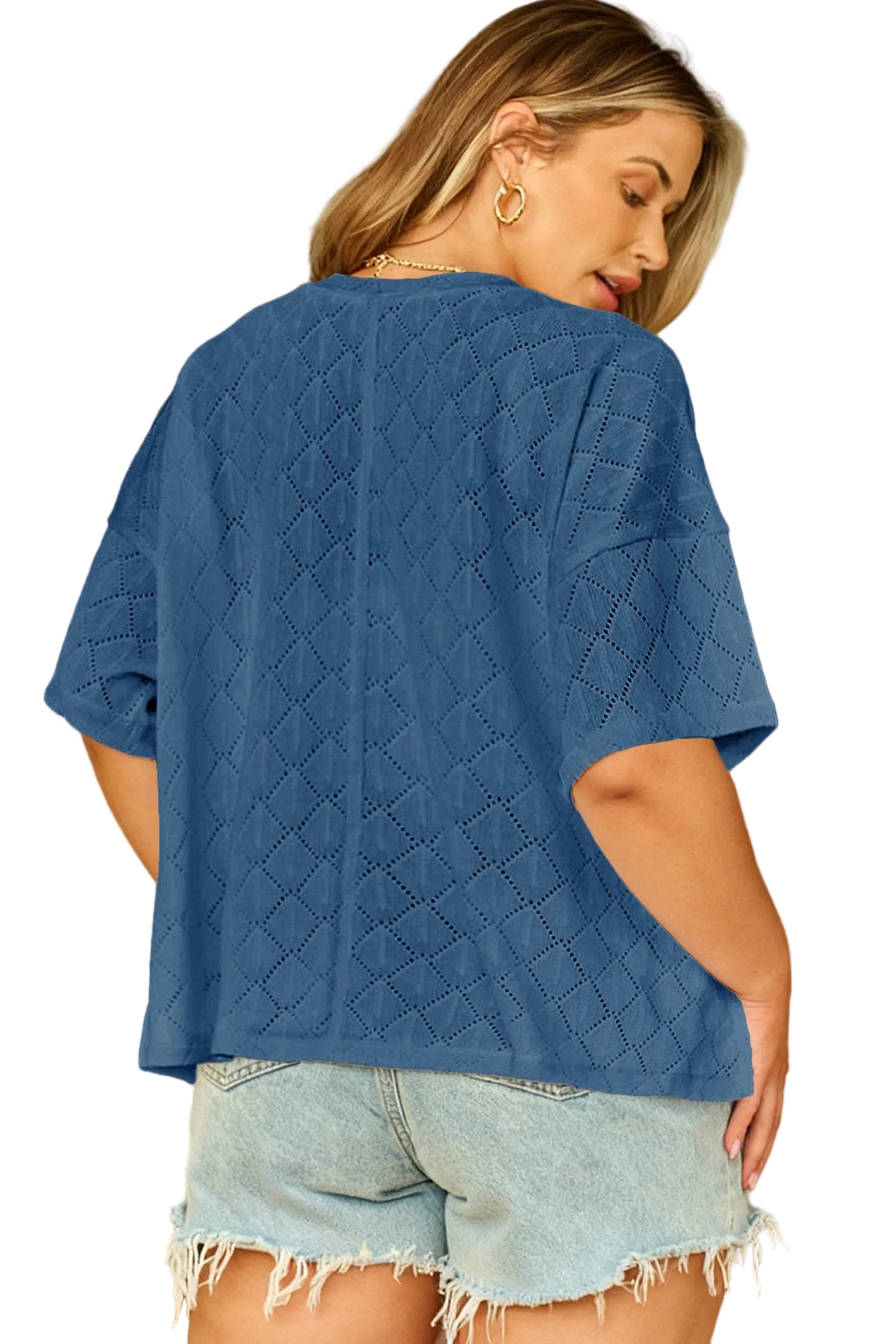 Light Pink Pointelle Rhombus Knit Plus Size V Neck Loose Top