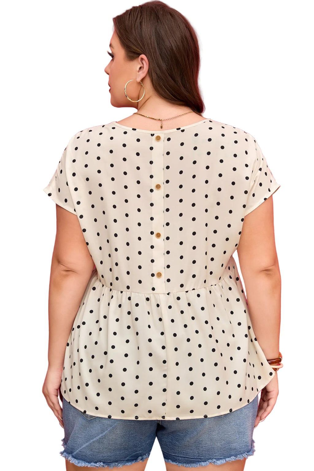 Apricot Plus Size Polka Dot Print Button Detail Short Sleeve Babydoll Blouse