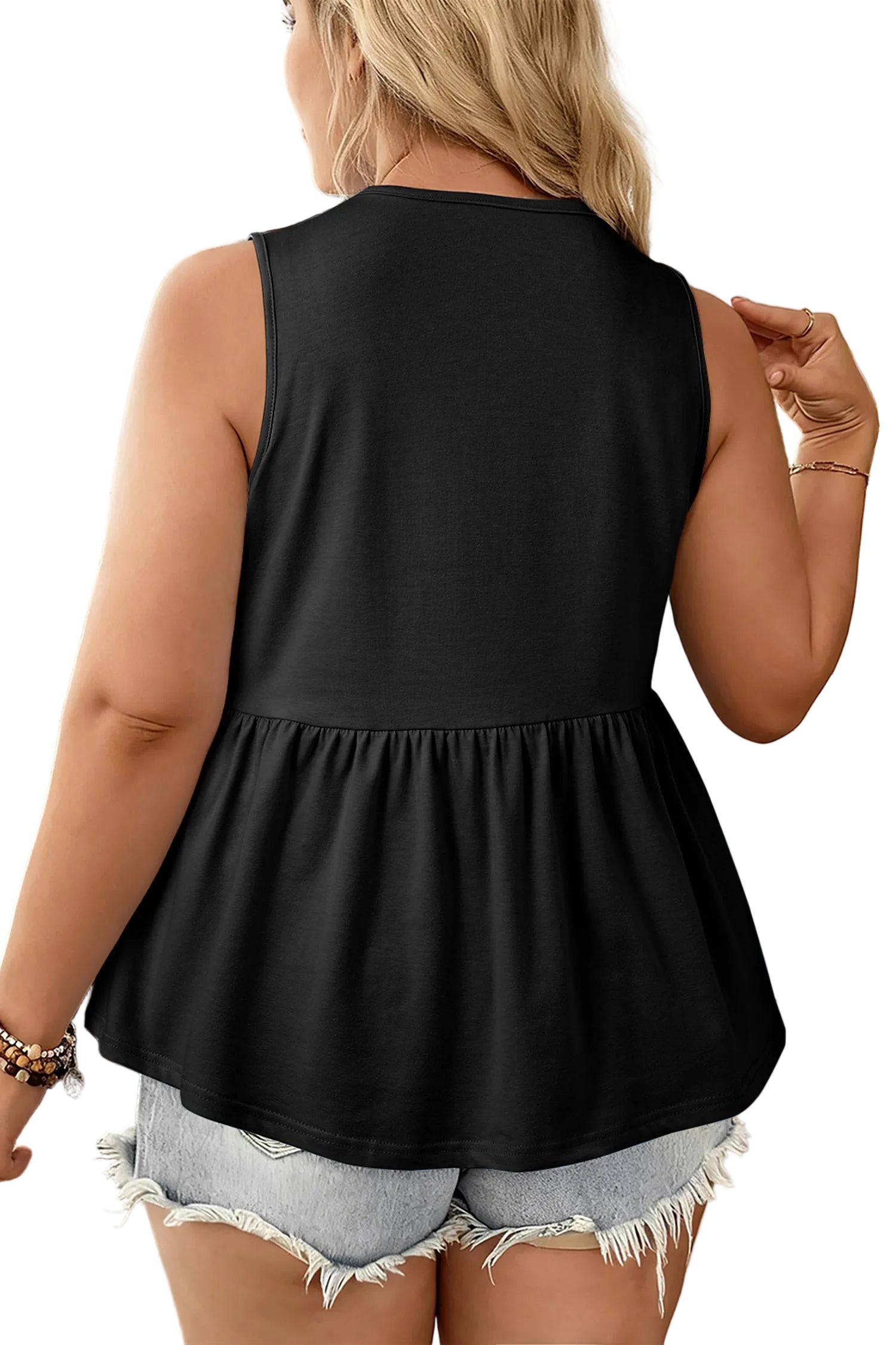 Black Plus Size Solid Color Bow Tie Peplum Tank Top
