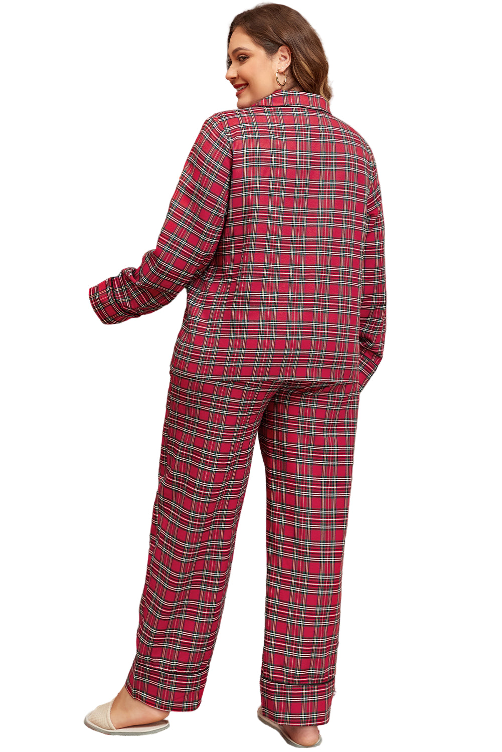Red Plaid Printed Shirt and Pants Plus Size Lounge Set