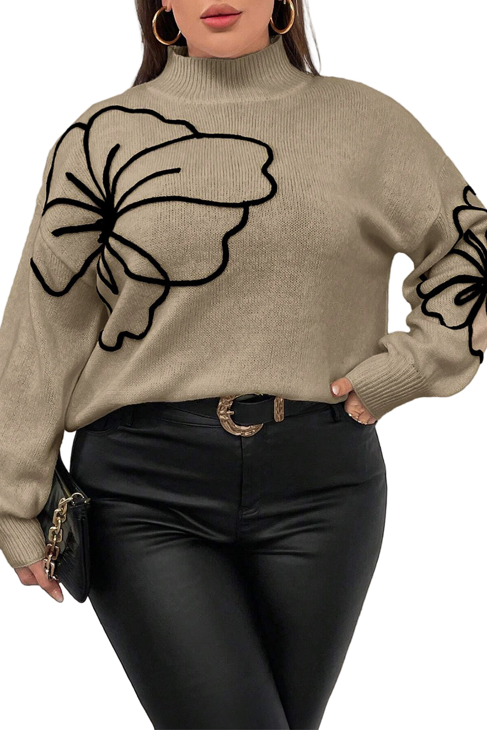 Dark Khaki Plus Size Big Flower Pattern High Neck Drop Shoulder Sweater