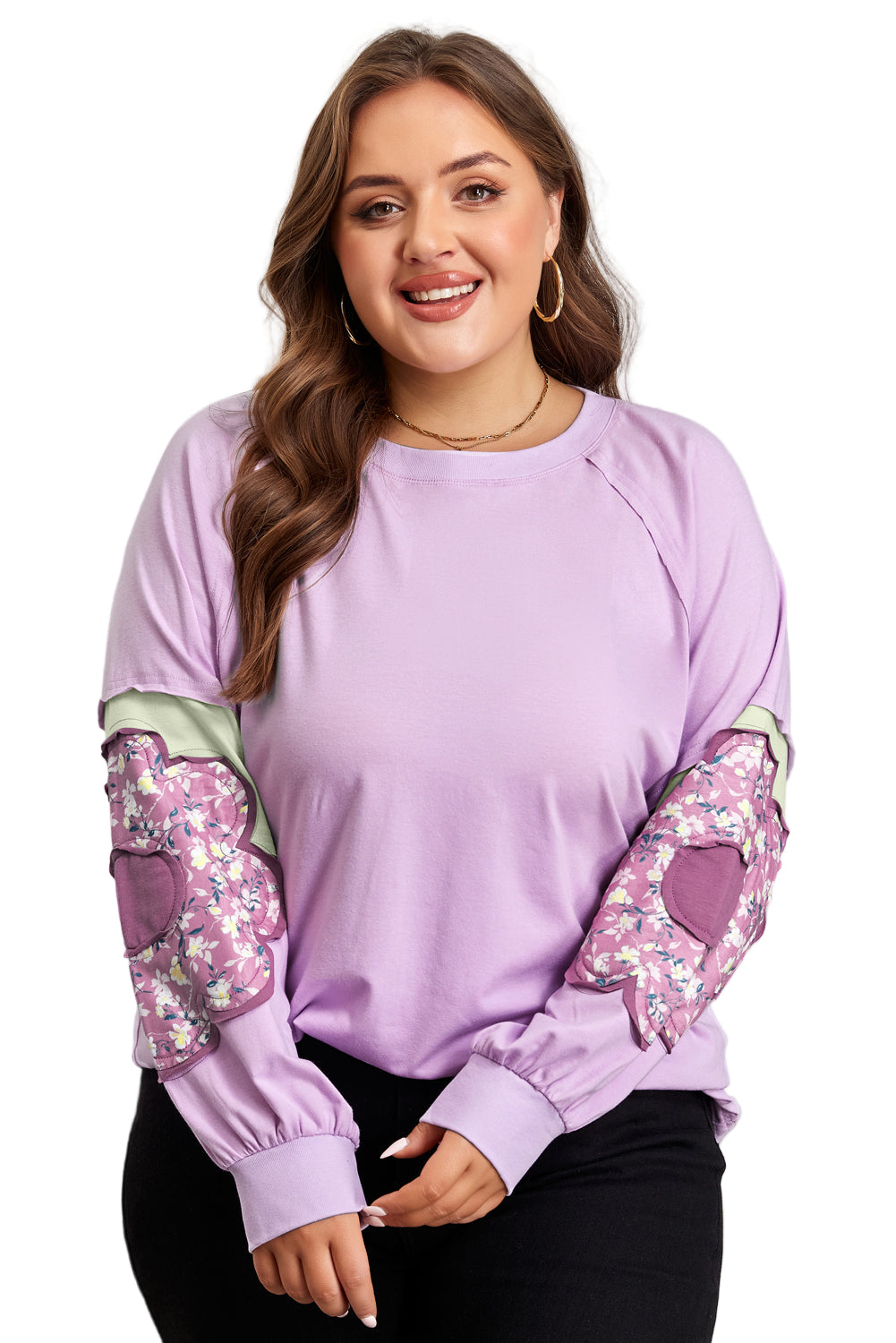 Phalaenopsis Flower Patch Colorblock Plus Size Pullover Top