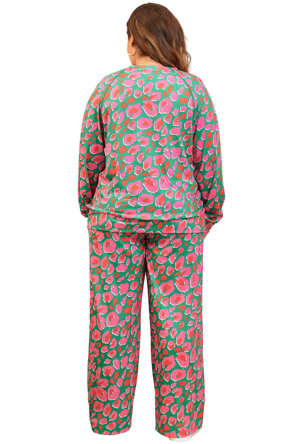 Green Plus Size Printed Long Sleeve and Pants Lounge Set