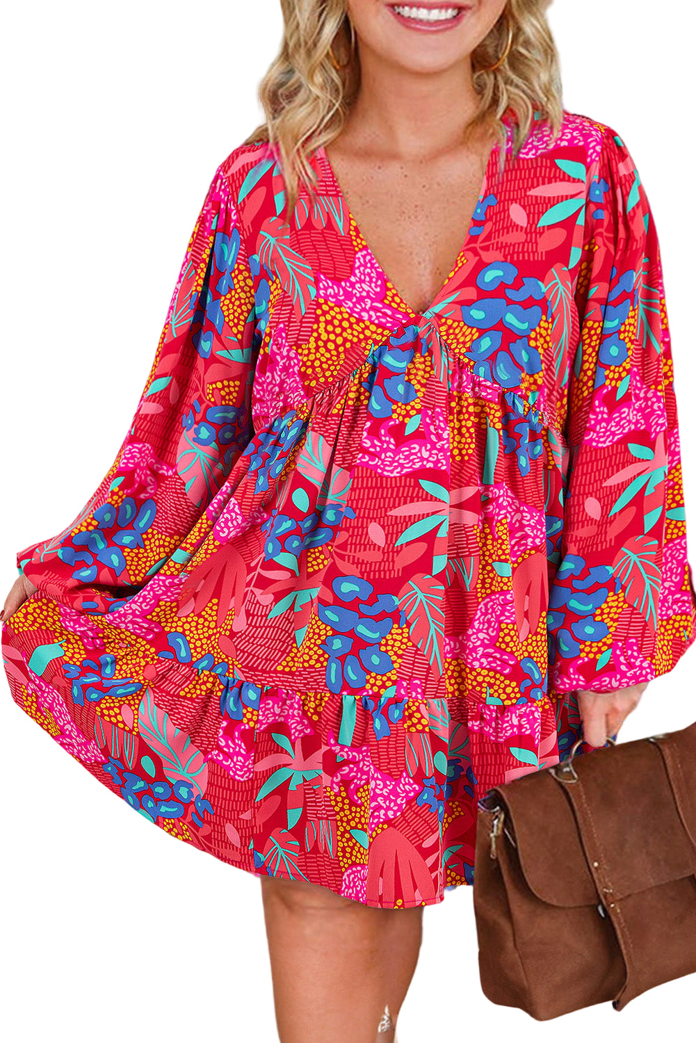 Rose Tropical Printed Lantern Sleeve V Neck Ruffled Plus Size Mini Dress