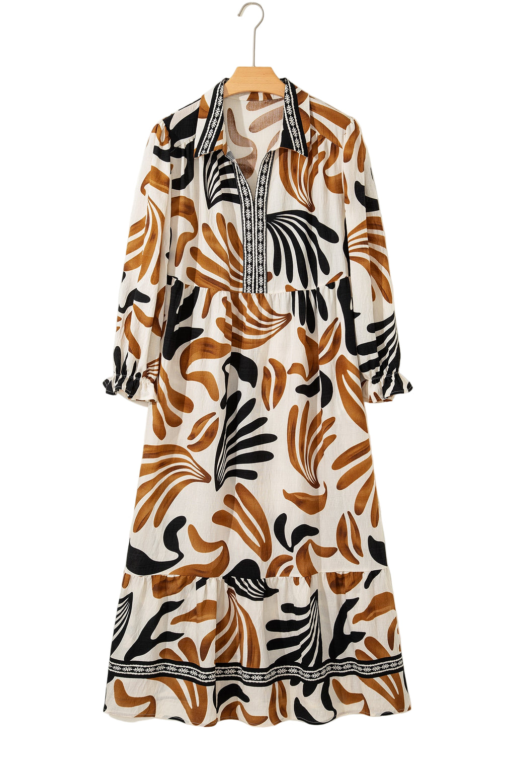 White Plus Size Abstract Print Contrast Collar Split Neck Shift Long Dress