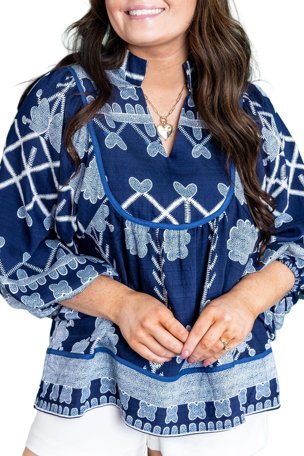 Blue Plus Size Floral Printed Notched Neck Long Sleeve Blouse