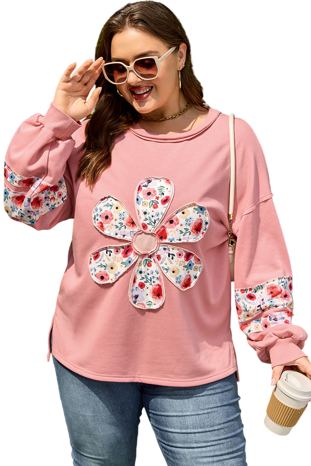 Peach Blossom Plus Size Floral Applique Drop Shoulder Sweatshirt