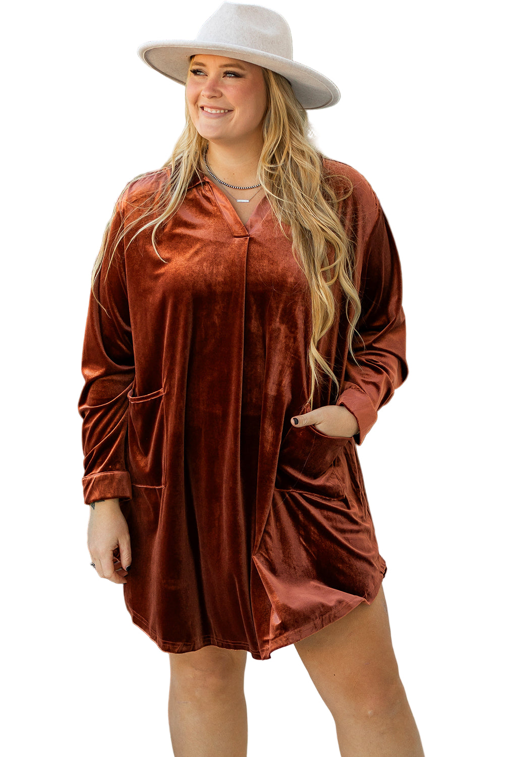 Coffee Plus Size V Neck Collared Pleated Back Rounded Hem Velvet Dress