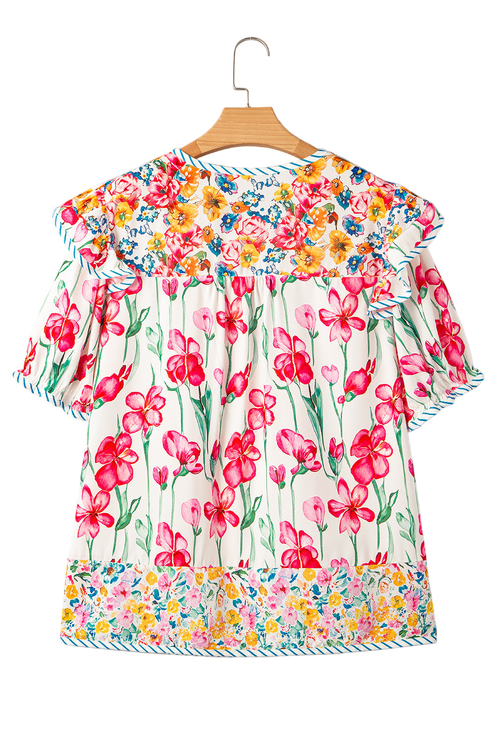 Pink Plus Size Floral Print Striped Trim V Neck Blouse