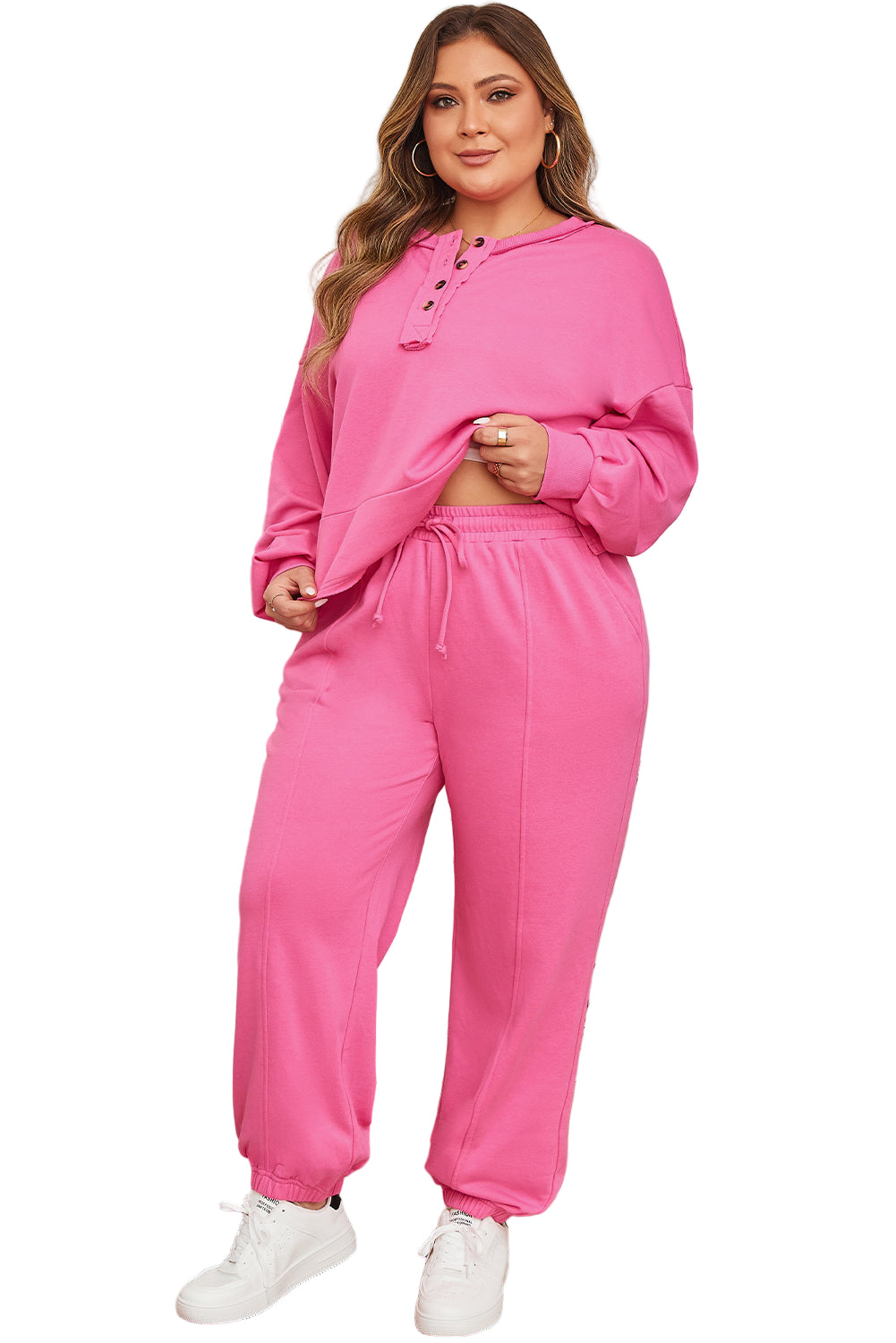 Bright Pink Plus Size Henley Drop Shoulder Pullover and Jogger Pants Two Piece Set