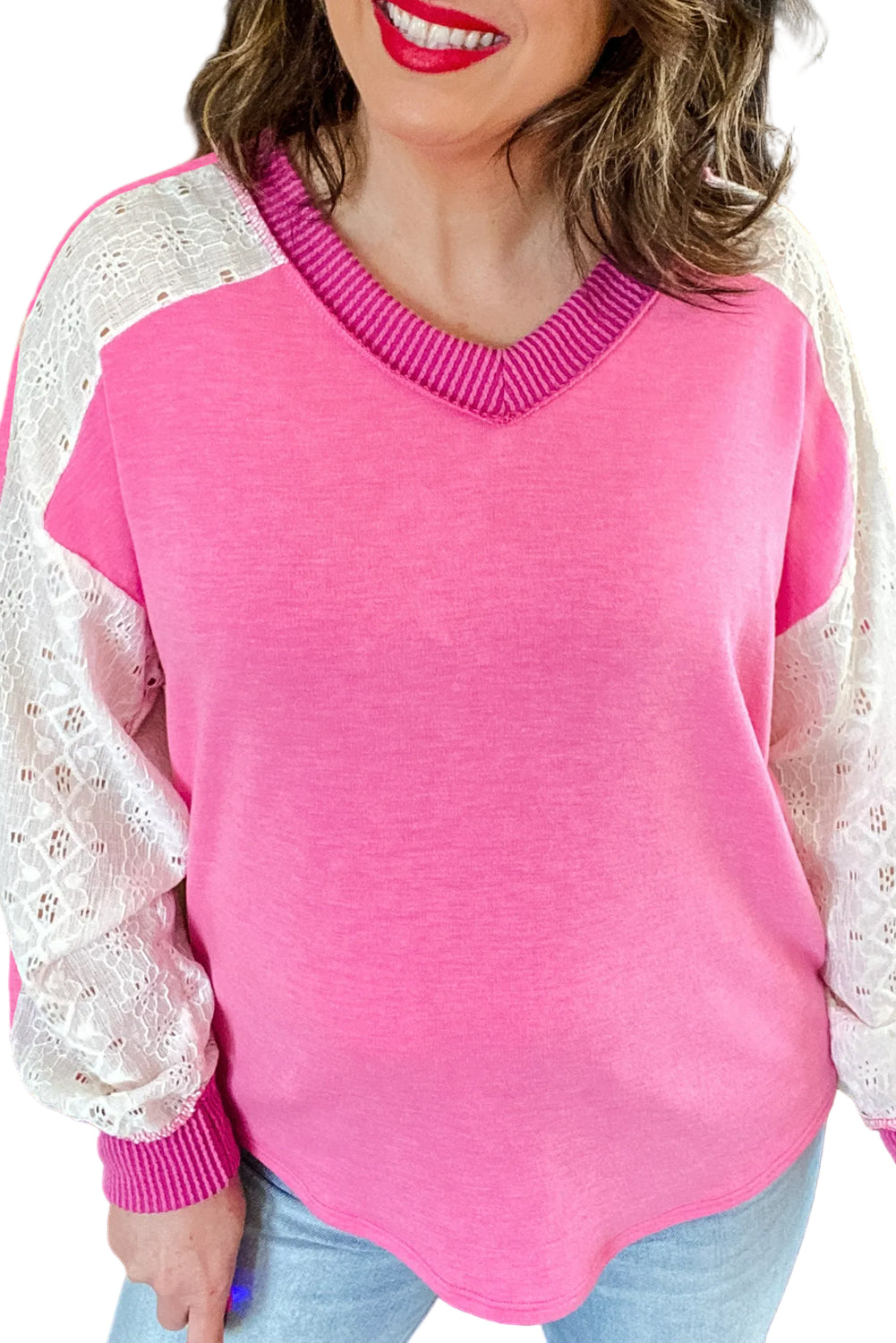 Bonbon Lace Patchwork Corded Trim Plus Size Long Sleeve Top