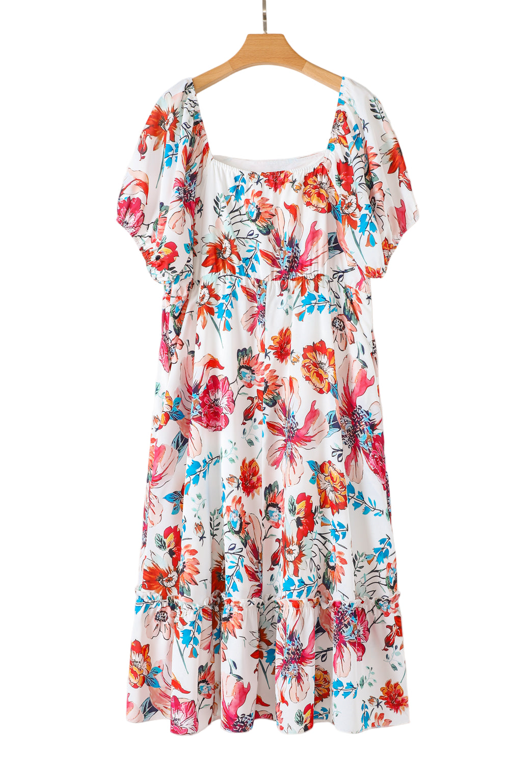 White Floral Square Neck Puff Sleeve Flowy Plus Size Midi Dress