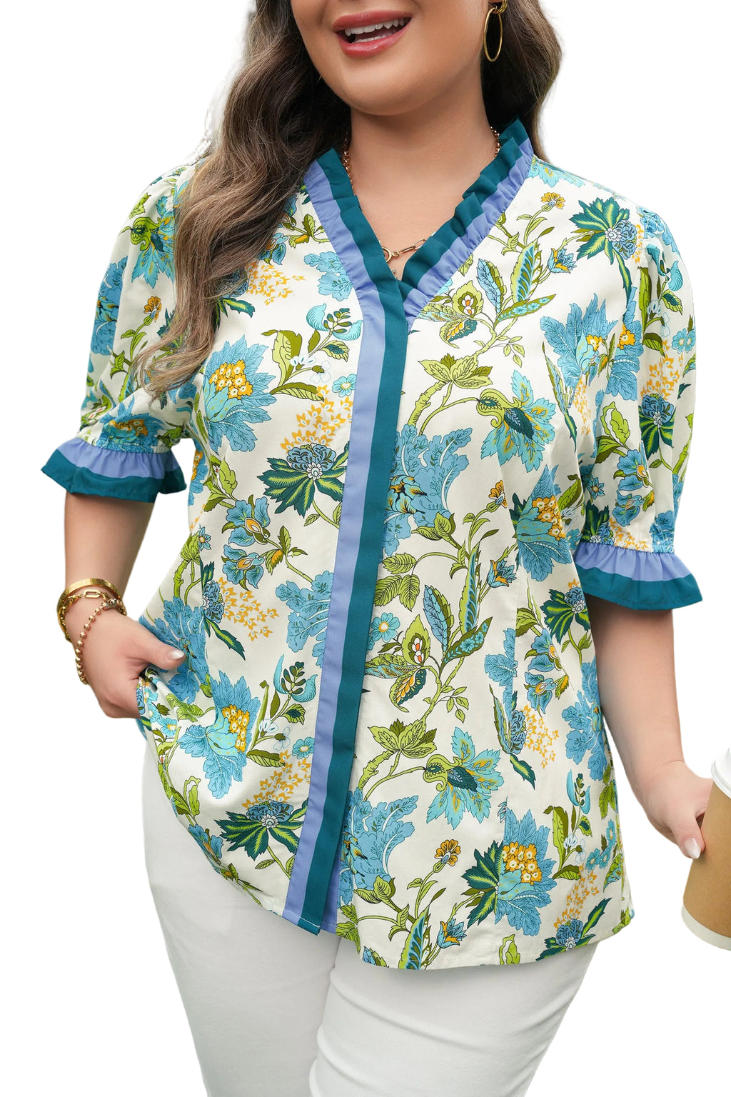 Sky Blue Plus Size Frilled V Neck Short Sleeve Floral Blouse