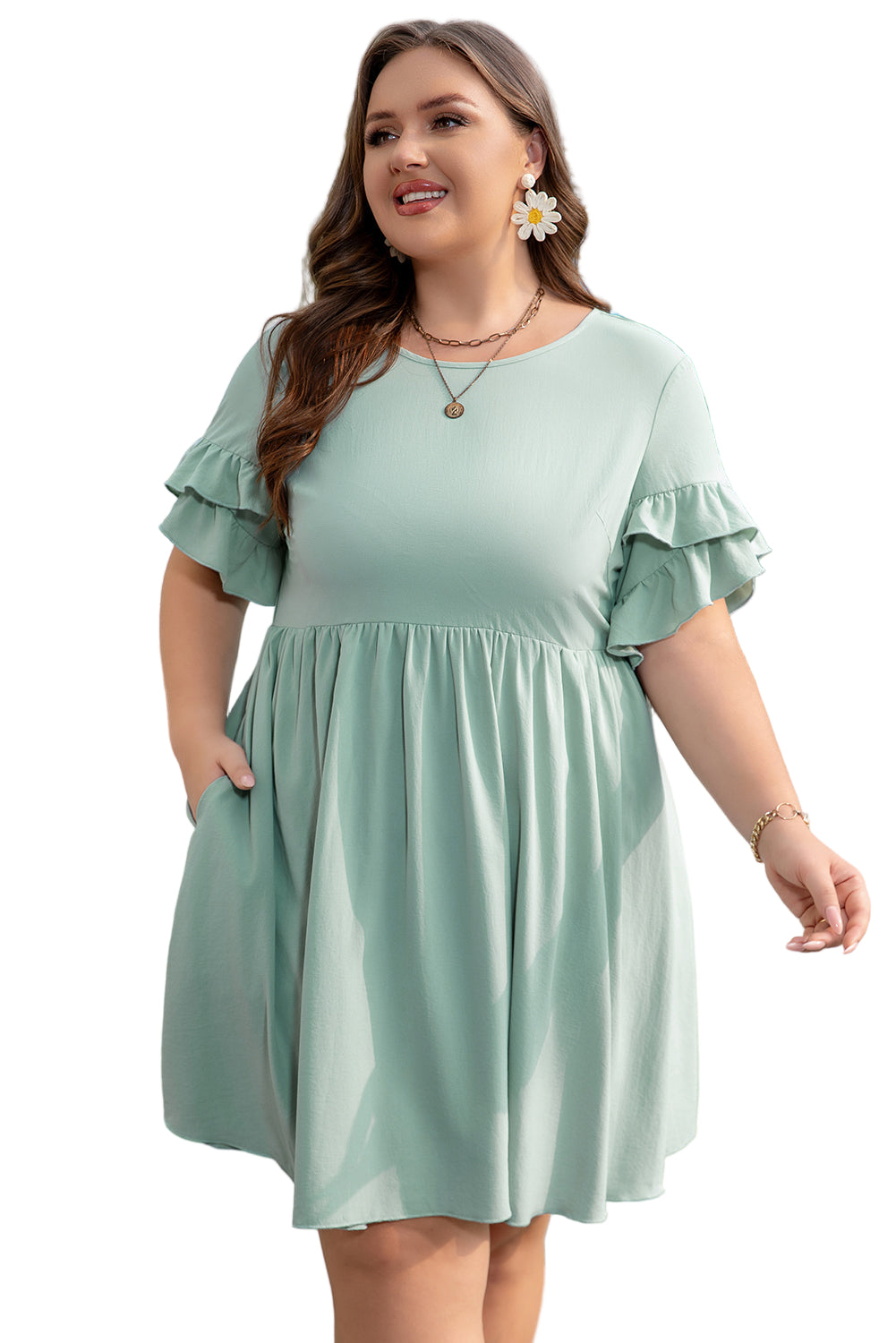 Grass Green Ruffle Trim Short Sleeve Plus Size Flared Mini Dress