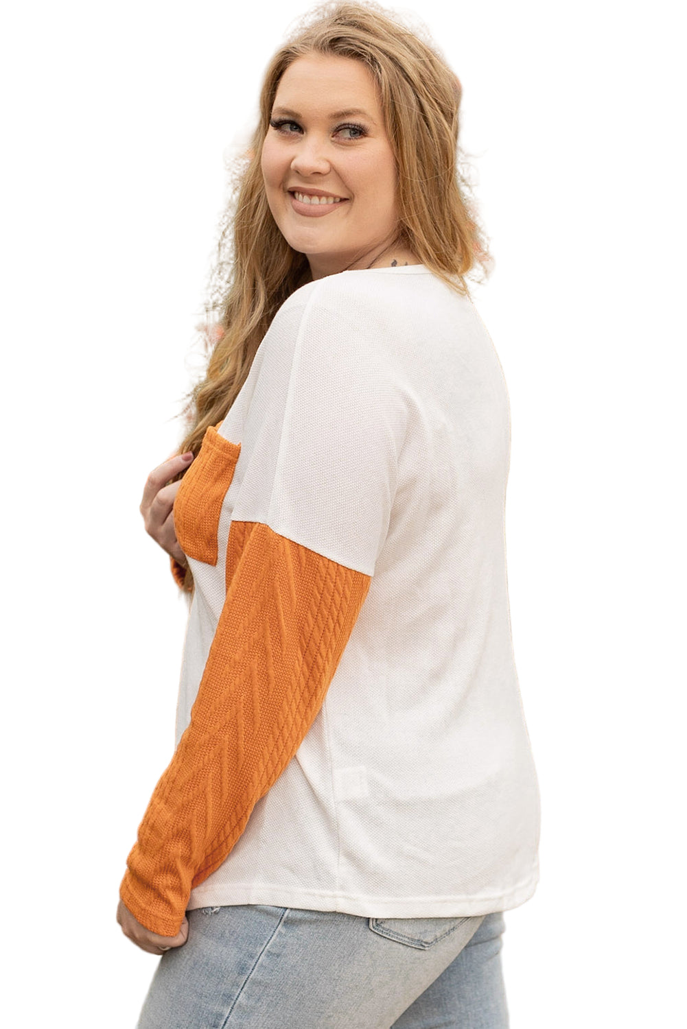 Chestnut Plus Size Pocket Textured Patchwork Top