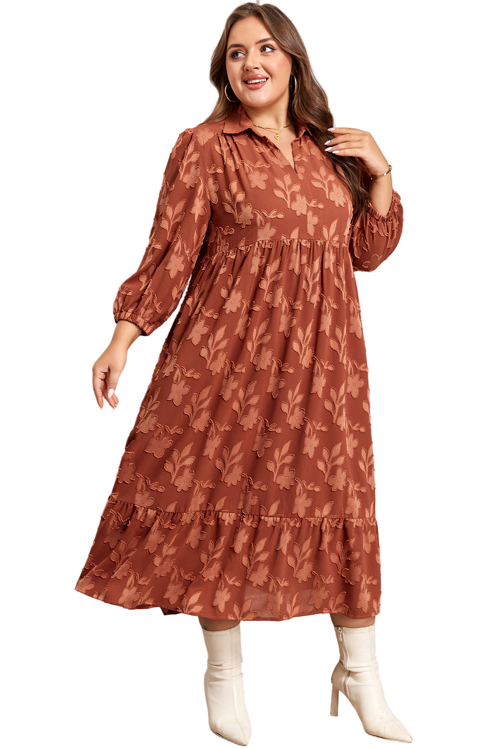 Cinnamon Plus Size Textured 3D Flower Pattern Ruffle Hem 3/4 Sleeve Long Dress