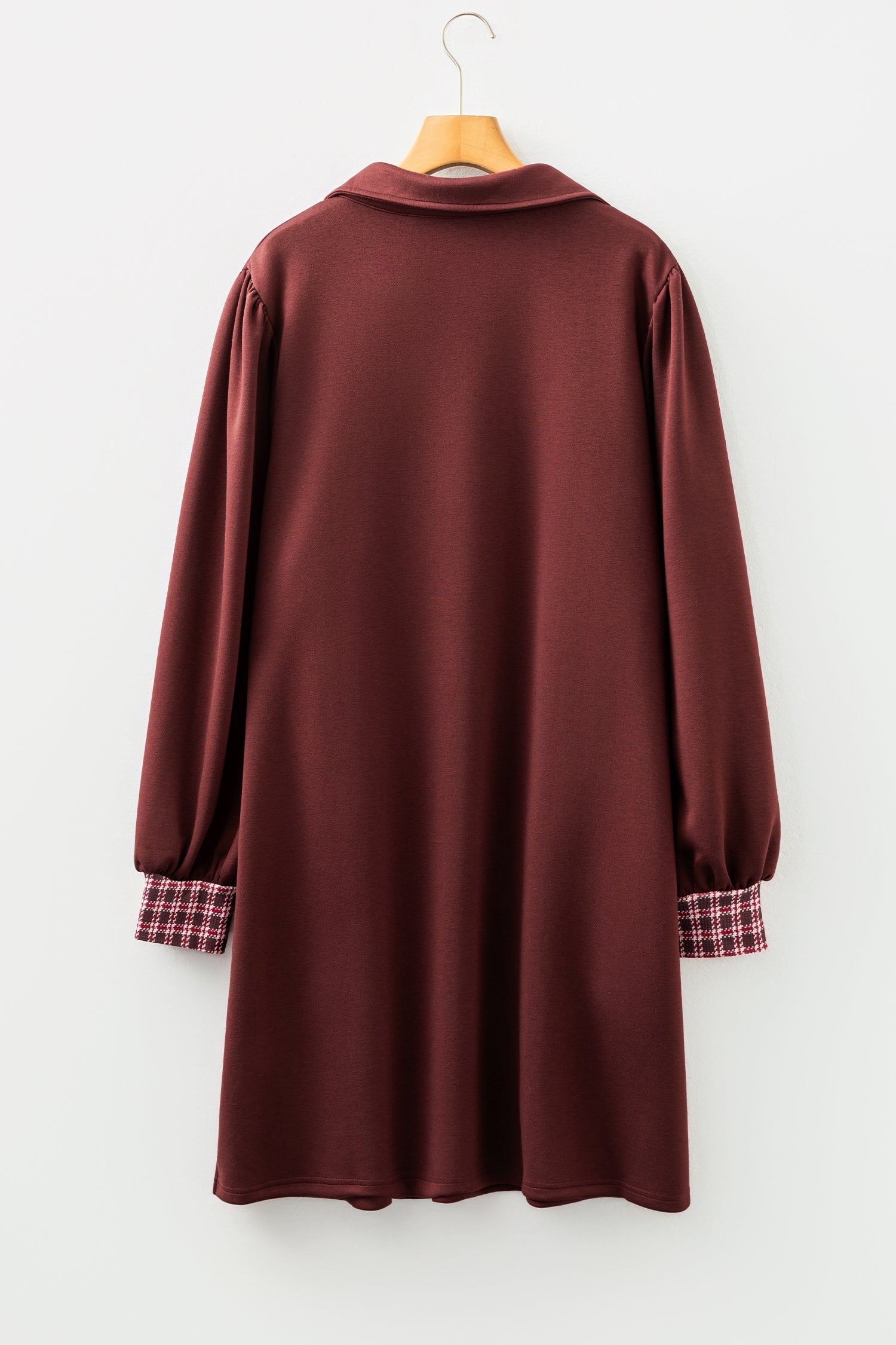 Coffee Contrast Plaid Trim Patchwork Collared Plus Size Shift Mini Dress