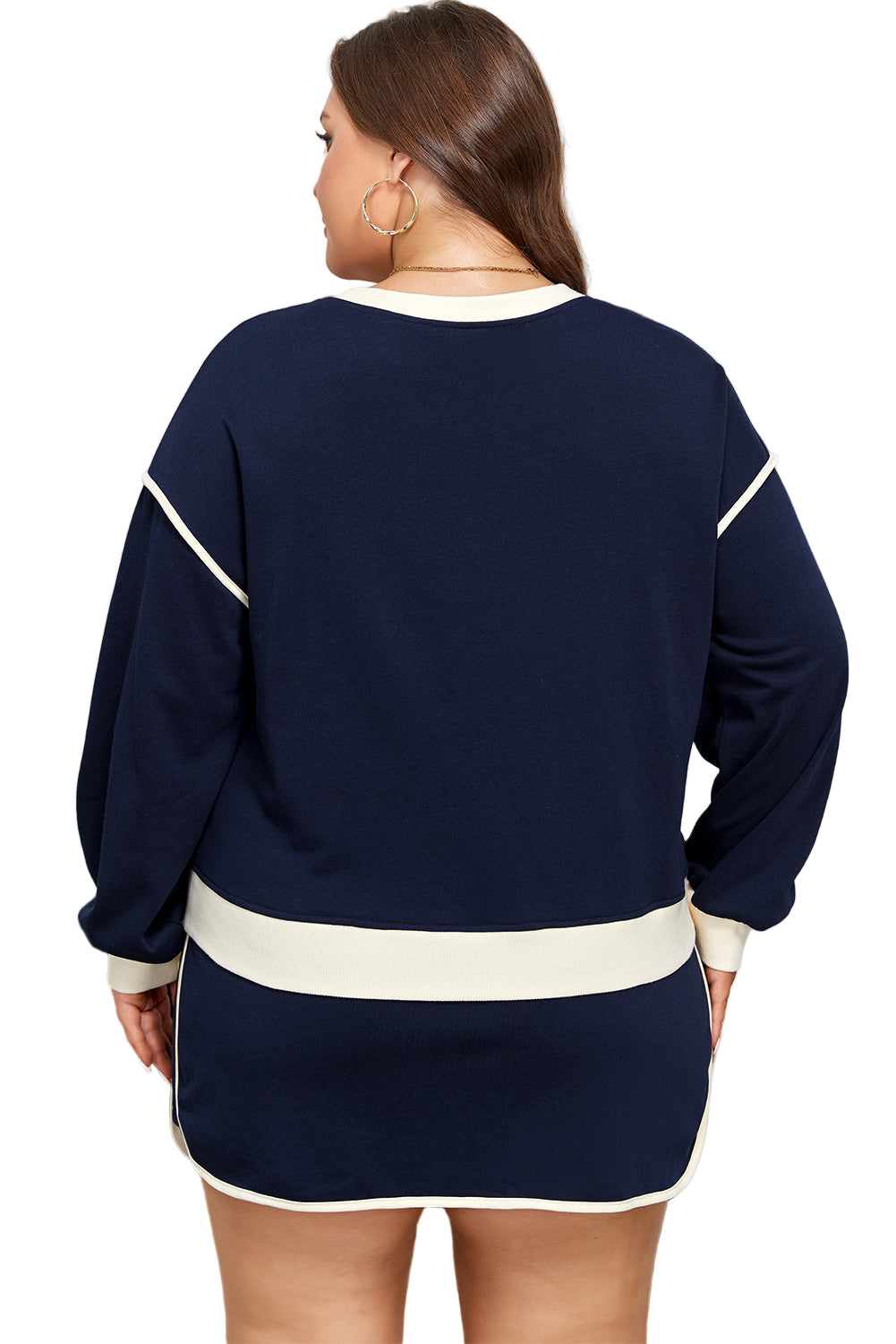 Navy Blue Plus Color Block Drop Shoulder Top and Lace-up Skirt Outfit