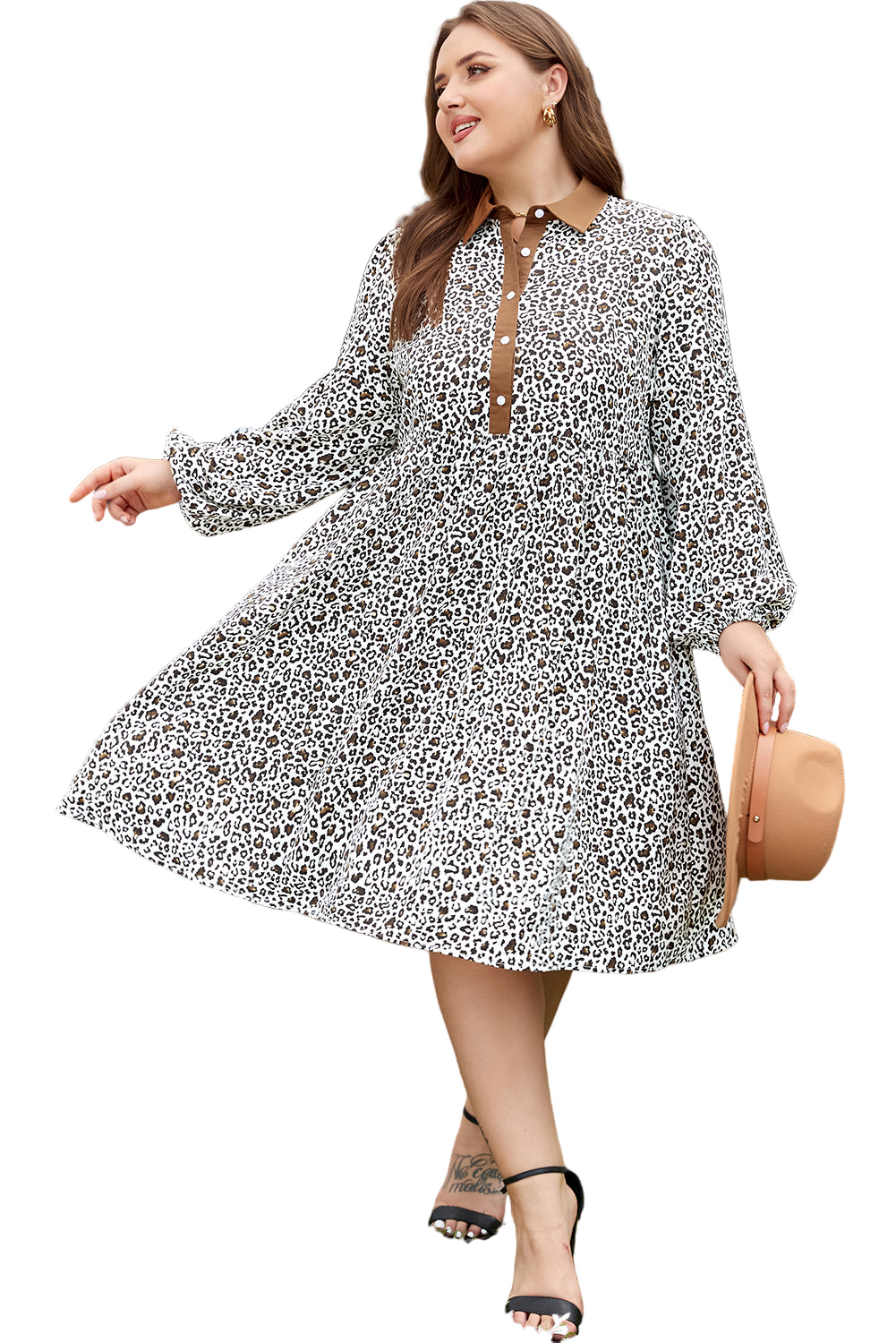 Khaki Plus Size Button V Neck Leopard Print Puff Sleeve Loose Mini Dress