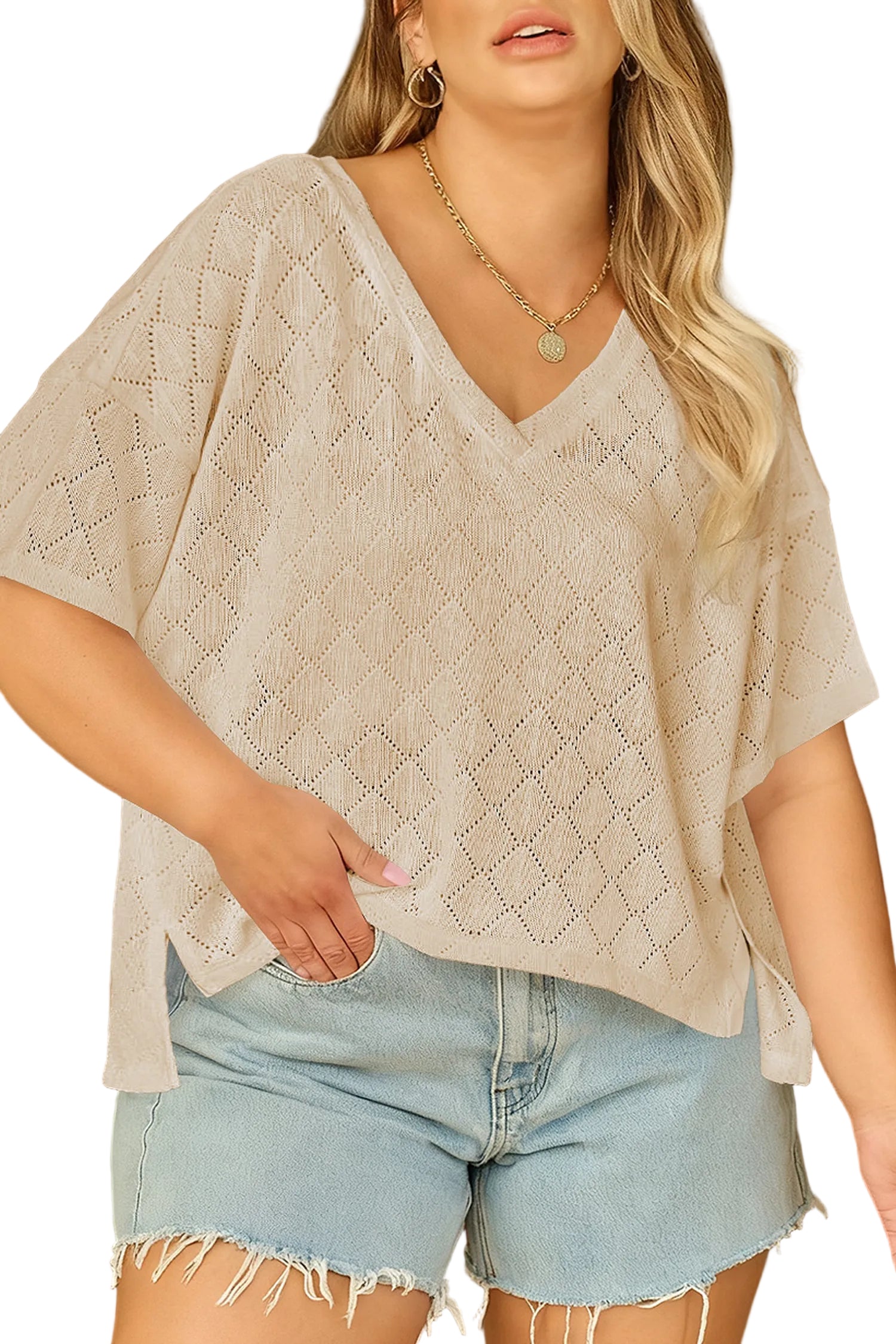 Light Pink Pointelle Rhombus Knit Plus Size V Neck Loose Top