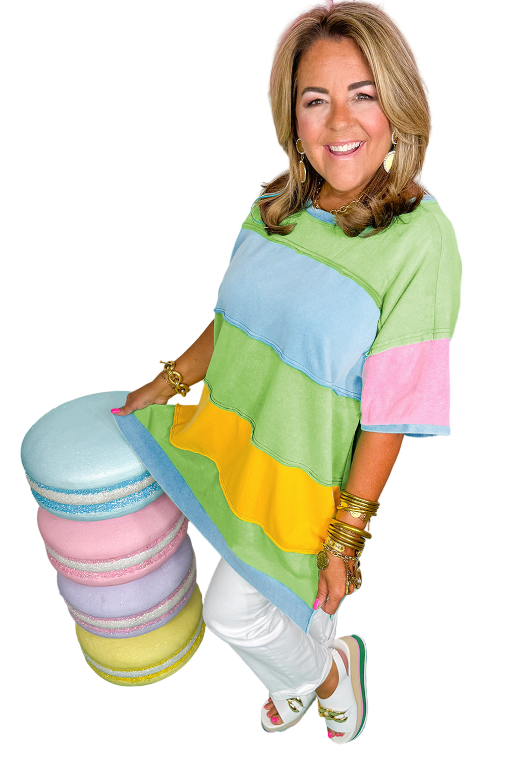 Light Blue Color Block Side Slit Plus Size T Shirt