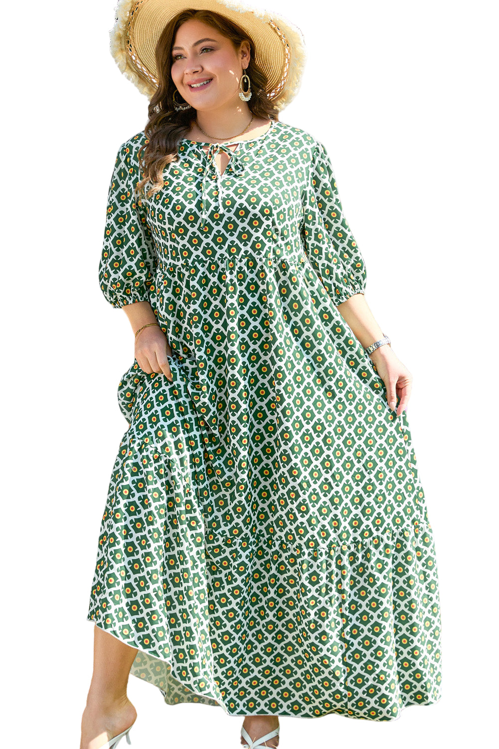 Green Geometric Floral Print Half Sleeve Plus Size Maxi Dress